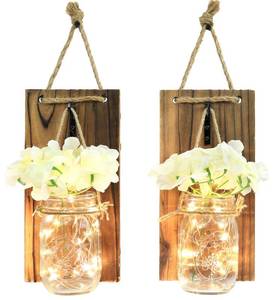 lot 13671 image: Greenco GRC2859 Wall Hung Mason Jar Sconce with Faux Flower and Led Strip Lights, Rustic