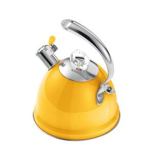 lot 13690 image: Harriet Tea Kettle Stovetop, 2.5 QT Whistling Stainless Steel Teapot, 3-Layer Base, Unique Ergonomic Handle, Includes Pot Holder & Mat, ElectricInductionGas Stovetops Applicable, Yellow