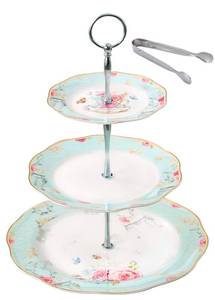 lot 13697 image: Jusalpha Light Blue 3-tier Ceramic Cake Stand- Cupcake Stand- Tea Party Pastry Serving Platter Comes In a Gift Box- Free Sugar Tong (FD-QD3T)