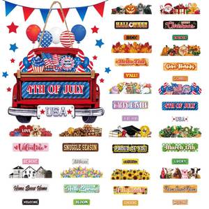 lot 13702 image: Suzile 43 Pcs Interchangeable Easter Welcome Sign for Front Door Truck Bunny Hanging Decor with 42 Interchangeable Seasonal Sign Wooden Easter Spring Decor for Door(Red)