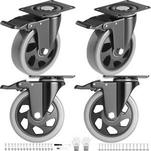 lot 13706 image: 4 Inch Caster Wheels Heavy Duty 2200Lbs, Casters Set of 4 with Safety Dual Locking, Swivel Industrial Plate Casters, No Noise Wheels for Cart, Furniture(Bonus of 2 Hardware Kits & Gloves)