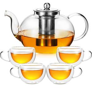 lot 13713 image: GURUDAR 50OZ1500ML Glass Teapot Set with 4 Double Wall Teacups & Removable Infuser, Stovetop & Microwave Safe Clear Tea Maker Water Kettle with 7OZ200ML Tea Cups for Loose Leaf Blooming Tea