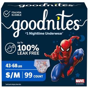lot 14113 image: Goodnites Boys Bedwetting Underwear, Size SM (43-68 lbs), 99 Ct (3 Packs of 33), Packaging May Vary