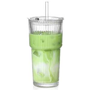 lot 14119 image: MINGHYZYA 20 oz Glass Tumblers, Iced Coffee Cups with Lids and Glass Straws, Thickened Wall Ribbed Glass Cups, Ideal for Smoothies, Cocktails, and Juices �� Vintage and Durable Drinkware �� 1 Pack