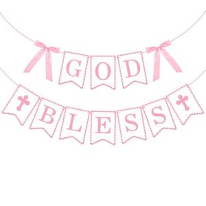 lot 14135 image: Lumina Garden God Bless Banner Pink Bow Baptism Banner Cross Banners Double Layers Pink Baptism Decorations for First Communion Confirmation Decorations Baby Girl Shower Decoration