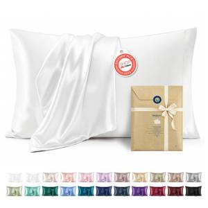 lot 14145 image: Bedsure Satin Pillowcases, Similar to Silk Pillow Cases Queen Size Set of 2, Pure White Cooling Pillow Case for Sleeping Women with Envelope Closure, Gifts for Women Men, 20x30 Inches, 2pcs