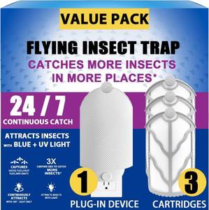 lot 14167 image: Flying Insect Trap (1 Stater & 3 Refill Cartridges), UV Light Indoor Bug Catcher for Gnats, Fruit Flies, Mosquitoes, and Moths, Plug-in Fly Trap for Home, Kitchen, Living Room