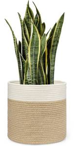 lot 14175 image: Dahey Jute Spliced Cotton Rope Plant Basket Modern Woven Storage Basket for 12 Floor Indoor Planter, Decorative Flower Pots Cover Laundry Bin with Handle Rustic Home Decor, White and Beige