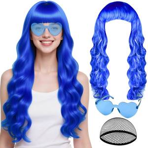 lot 14177 image: PLULON Blue Neon Wigs for Women with Heart Sunglasses, Colorful Long Curly Wigs Synthetic Colored Funny Cosplay Hairpieces for Daily Bachelorette Halloween Costume Party Decorations