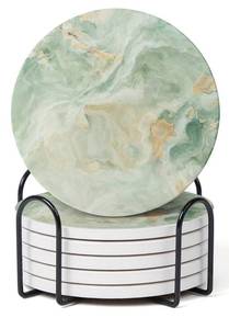 lot 14179 image: Hoomey Set of 6 Sage Green Marble Coasters with Holder,Absorbent Ceramic Coasters for Drinks, Coasters with Cork Backing for Table Protection, Housewarming Gifts for New Home