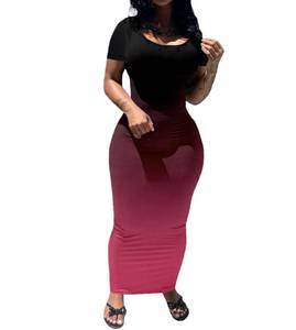 lot 14188 image: PINSV Womens Casual Bodycon Maxi Dress Summer Scoop Neck Short Sleeve Long Fitted Dresses Club Party Black Pink Gradient XXL