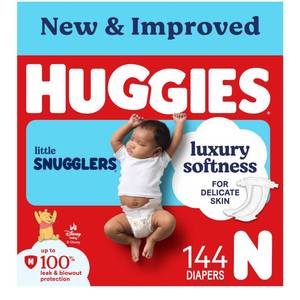 lot 15524 image: Huggies Size Newborn Diapers, Little Snugglers Baby Diapers, Size Newborn (up to 10 lbs), 144 Count, Packaging May Vary