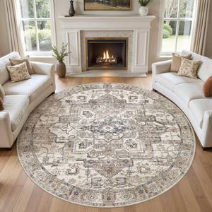 lot 15529 image: 8x8 Round Area Rugs Washable Vintage - Soft Traditional Rugs for Living Room Large Non Slip Backing with Low Pile Farmhouse Oriental Retro Carpet for Bedroom Dining Room or Home Office - Tea Brown