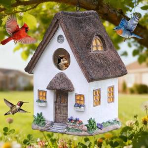 lot 15532 image: Bird Houses for Outside Rustic Cottage Birdhouse with Thatch Roof �� Hand-Painted Resin Birdhouses for Outdoors for Bluebird Finches Cardinals Bird Nesting Garden, Patio, Yard