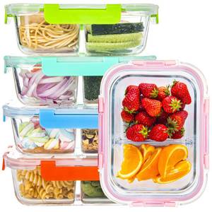lot 15536 image: CZUMJJ Glass Meal Prep Containers 2 Compartment with Lids (5 Pack, 34oz), Divided Glass Storage Containers for Lunch at Work, Leak-Proof Portion Control Food Containers, MicrowaveDishwasher Safe