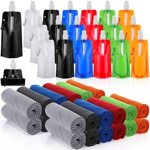 lot 15549 image: Teenyyou 48 Collapsible Water Bottles Bulk 16 oz with Carabiner Clip Cooling Towels 40 x 12 Reusable Leak Proof Water Bottles Mixed Color Ice Towel for Sports Biking Hiking Outdoor (6 Colors)
