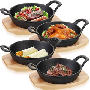lot 15550 image: Sliner 4 Sets Mini Cast Iron Skillet Small Cast Iron Plates Skillet with Wooden Base Small Round Pan Fajita Plate Pot for Baking Cooking(7.1 Inches)