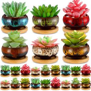 lot 15555 image: RimCereal 24 Pcs Ceramic Succulent Pots 2.5 Inch Small Plant Pots Indoor with Drainage and Bamboo Saucers Colorful Succulent Flower Planters for Garden Plants Home Decor