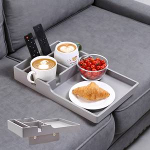 lot 15556 image: Nnewvante Couch Tray Between Cushion, 2-in-1 Insert & Flat Sofa Organizer Bamboo with 4 Compartments,Fits Middle Couch or Ottomans,for Snacks, Drinks, Remotes,15.35x9.84-inch,Gray