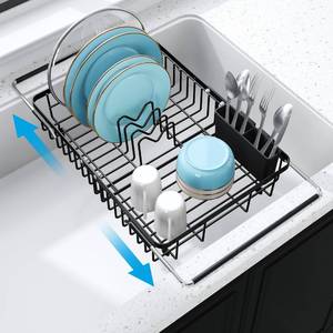 lot 15557 image: Expandable Stainless Steel Dish Drying Rack Over The Sink For Small Kitchen, Counter Space Saving Compact Black Metal Plate Drain Strainer, Adjustable Hanging In Sink Rust Proof Wire Dryer Holder