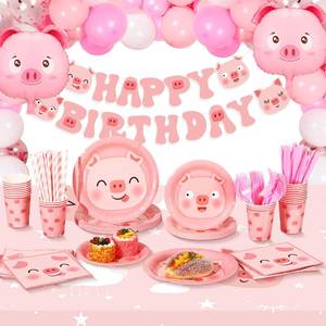 lot 15582 image: Lenwen Pig Party Supplies Set - 275 Pcs, Includes Pig Tableware, Farm Animal Banner, Latex Balloons for Cute Birthday Party Favor, 24 Guests