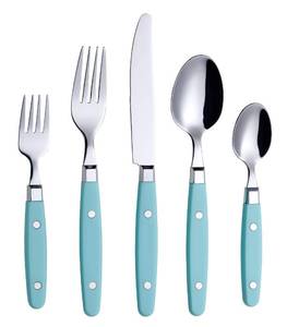 lot 16023 image: ANNOVA Silverware Set, RetroRivet Colorful Stainless Steel Tableware Kitchen Flatware Set Utensils, Includes Dinner Knives, Forks, Spoons, Salad Forks & Dessert Spoons (Turquoise, 20 Pieces)