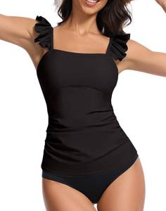 lot 16424 image: WOWENY Tankini Swimsuits for Women Ruched Tummy Control Bathing Suit Slim Fit Swimwear UPF 50 Rash Guard Ruffle Padded Swim Tank Tops Only No Bottom(Black-2271,L)