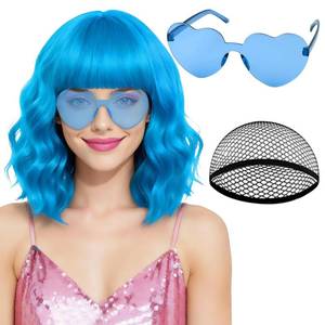 lot 16428 image: PLULON Blue Short Wavy Bob Wig Heart Sunglasses for Women, Neon Bob Funny Party Curly Wigs with Bangs Synthetic Hair Daily Hairpieces for Birthday Music Festival Stage Cosplay Costume Party Outfit