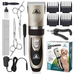 lot 16433 image: Pet Union Professional Dog Grooming Kit - Rechargeable, Cordless Pet Grooming Clippers & Complete Set of Dog Grooming Tools. Low Noise & Suitable for Dogs, Cats and Other Pets (Gold)