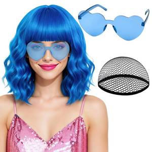 lot 16435 image: PLULON Blue Wavy Bob Wigs with Bangs Heart Sunglasses Hair Cap for Women, Colored Synthetic Hair Short Bob Loose Curly Shoulder Length Wigs for Costume Bachelorette Party Music Festival