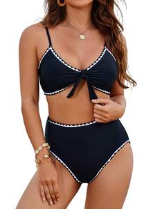 lot 16450 image: Blooming Jelly Womens High Waisted Bikini Set Tie Knot 2 Piece Swimsuit Colorblock Bathing Suit Swim Suit (Large, Black)