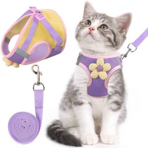 lot 16459 image: Cat Harness and Leash Set for Walking Escape Proof, Adjustable Kitten Harness Breathable Mesh with Reflective Strips Harness with Flower for Kitty Puppy Bunny Purple S