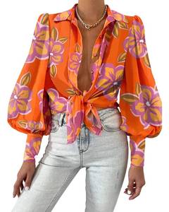 lot 16474 image: BTFBM Summer Blouses for Women Dressy Casual 2026 Long Sleeve Button Down Shirt V Neck Boho Spring Tops Fashion Clothing(Floral Orange Purple, Medium)