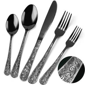 lot 16479 image: Meythway 40-Piece Vintage Carved Black Silverware Set for 8, Stainless Steel Flatware Set with KnifeForkSpoon, Cutlery Set for Home and Kitchen, Utensil Set with Dishwasher Safe