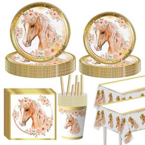 lot 18400 image: Horse Birthday Party Supplies, Horse Party Tableware Complete Pack 102PCS Serves 20 Including Gold Horse Party Plates,Cups, Napkins ,Straws ,2PCS Tablecloth for Horse Birthday Baby Shower Decorations