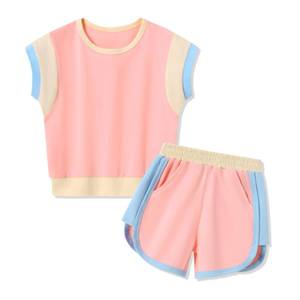 lot 18412 image: SANMIO Girl Clothes Summer 2 Piece Outfits for Toddler Girls Color Block Short Sleeve Shorts 6-7T Girls Casual Wear Pink