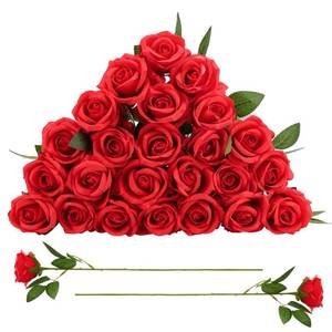 lot 18421 image: Ovveroche 24 Pcs Red Rose Artificial Flowers with Long Stem Real Touch Silk Plastic Bouquet Red Roses Bulk for Wedding Party Table Centerpieces Festival Decorations