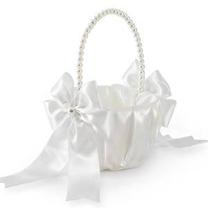 lot 18431 image: Happyiren Satin Wedding Flower Girl Basket - Elegant Pearl Handle with Bow Decoration, Ivory Color - 5.1 Diameter, Perfect for Flower Girls, Weddings, Bridal Showers, Proposals