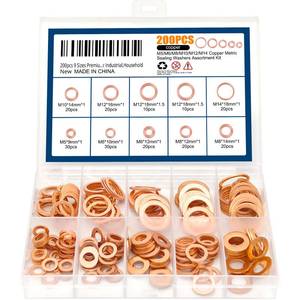 lot 18450 image: 200pcs 9 Sizes Premium Copper Metric Sealing Crush Washers Assortment Kit,Flat Sealing Washer M5 M6 M8 M10 M12 M14,Flat Ring Sump Plug Oil Seal Gasket Sealing Fitting Washers for Industrial,Household