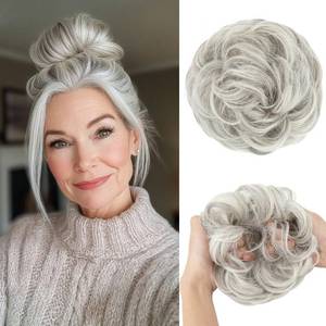 lot 18463 image: CJL HAIR Large Messy Bun Hair Piece Wavy Curly Scrunchies Synthetic Chignon Ponytail Hair Extensions Thick Updo Hairpieces for Women Grey Multi