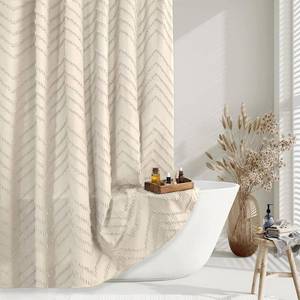 lot 18473 image: TURKIO Beige Boho Shower Curtain 72 x 72 Modern Farmhouse Shower Curtain Bohemian Chic Tufted Chevron Textured Striped Minimalist Shower Curtains Woven Fabric Beige Shower Curtains