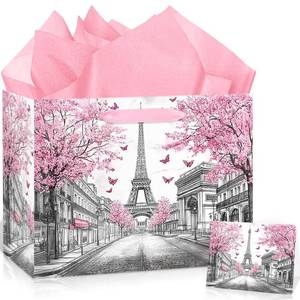 lot 18474 image: Pink Paris Theme Birthday Gift Bag for Women Girls Baby Shower Eiffel Tower Gift Bag Wrapping Paper Card Cherry Blossom Flower Large Gifts Bag for Baby Shower Paris Birthday Party Favors Supplies
