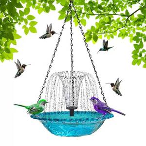 lot 18478 image: Solar Cascade Hanging Bird Bath Fountain, Outdoor Solar Powered Bird Bath with Large Glass Bowl, Weatherproof Hummingbird Bath Fountain for Garden Patio Balcony Yard Decor (Blue)