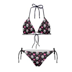 lot 18480 image: JEOCODY Pink Heart and Skull Print String Triangle Bikini Sets Halter Triangle Two Piece Bathing Suit