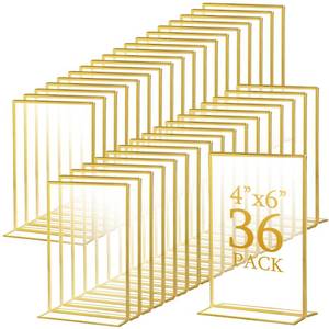 lot 19649 image: Hoteam 36 Pack Gold Acrylic Sign Holders, Gold Picture Frames Clear Wedding Table Numbers Double Sided Acrylic Holders for Wedding Restaurant Table Number Photos Menu Cards Art (4 x 6 Inch)