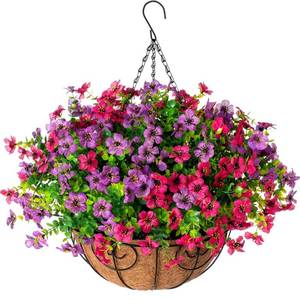 lot 19672 image: HyeFlora Artificial Faux Hanging Plants Flowers Basket for Spring Summer Outdoor Outside Decoration, Fake Silk Colorful Daisy Eucalyptus in Planter UV Resistant Realistic for Porch Patio Balcony Yard