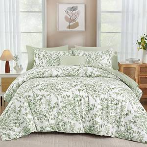 lot 19678 image: WONGS BEDDING 8 Pieces Queen Size Comforter Set Green, Sage Green Floral Bed in a Bag Comforter Sets, Soft Reversible Botanical Flowers Bedding Sets for All Season (90x90)