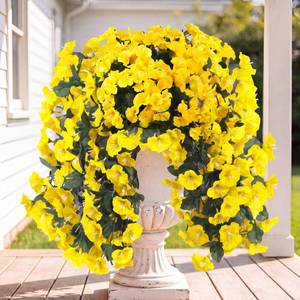 lot 19687 image: Sggvecsy Artificial Fake Hanging Flowers Plants for Outdoor Outside Spring Summer Decoration 4PCS Faux Silk UV Resistant Realistic Morning Glory Trailing Vines for Home Porch Patio Balcony(Yellow)