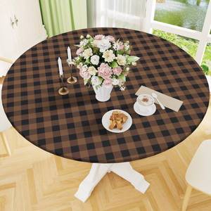 lot 20052 image: Smiry Round Picnic Tablecloth, Elastic Waterproof Fitted Vinyl Tablecloths for 45-56 Tables, Flannel Backed Buffalo Plaid Table Cover for Dining, Camping, Outdoor, Black and Brown