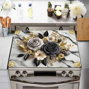 lot 20063 image: Flower Stove Top Cover for Electric Stove, Rose Range Covers, Black White Range Top Mat, Gold Flower Leaf Cooktop Cover 28x20 inch, Marble Pattern Cooktop Covers for Kitchen Holiday Home Decor